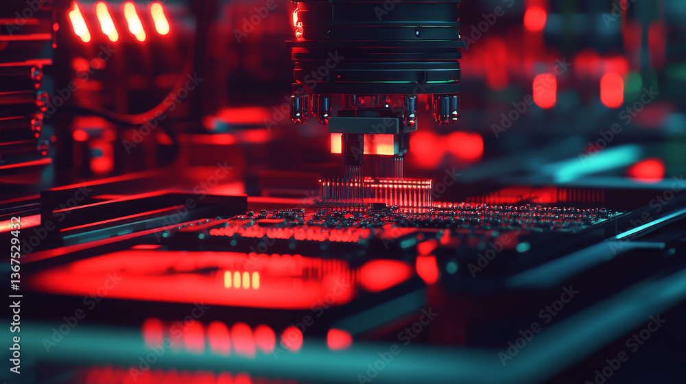 Poster close-up microchip on conveyor line during production and packaging process on semiconductor fab. ad