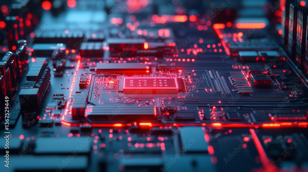 Poster close-up microchip on conveyor line during production and packaging process on semiconductor fab. ad
