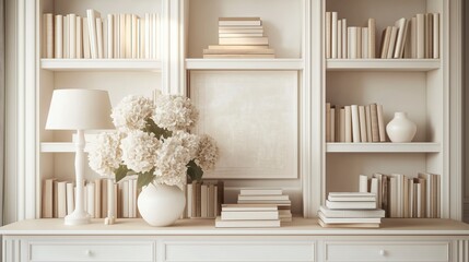 Minimalist Beige Bookshelf with Books, White Hydrangeas, Lamp, and Framed Art,Zoom Virtual Background. Virtual Meeting. Cozy Interior Backdrop, Stylish Living Room Design. Contemporary Spaces