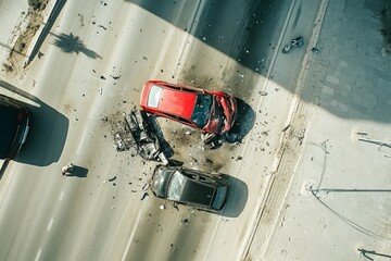 Aerial view of car collision on open road. Neural network AI generated