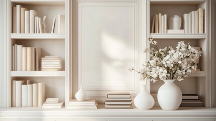 Minimalist Beige Bookshelf with Books, White Hydrangeas, Lamp, and Framed Art,Zoom Virtual Background. Virtual Meeting. Cozy Interior Backdrop, Stylish Living Room Design. Contemporary Spaces