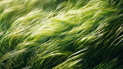 Vibrant green grass blades swaying in gentle breeze, top view close-up macro details with hyper-realistic texture under cinematic natural lighting, soft shadows and professional color grading 