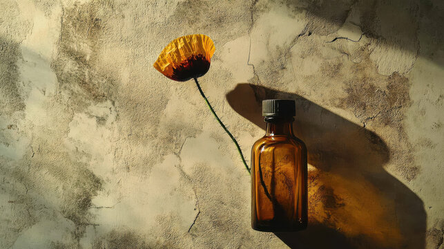 Minimalist art photograph of a poppy pod delicately hovering over a glass medicine bottle, their shadows merging into a symbolic silhouette on a textured plaster wall, directional side light creatin