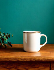 High Quality Elegant Blank White Ceramic Mug on Vintage Wooden Desk