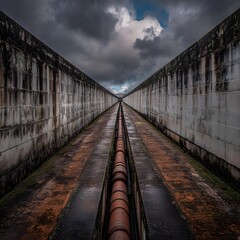 Dramatic Rusty Pipe in Old Industrial Canal Under Cloudy Sky