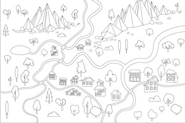 Minimalistic black-and-white linear drawing of a map with mountains, valleys, rivers, lakes, trees, houses and roads. Child's hand drawing. Top view. View from above.