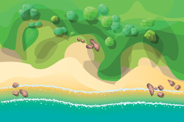 Top view of the sea coast, bay, with water, yellow sand, brown rocks and stones, green polygonal geometric plants and trees, hills. Wild beach. View from above. Aerial.