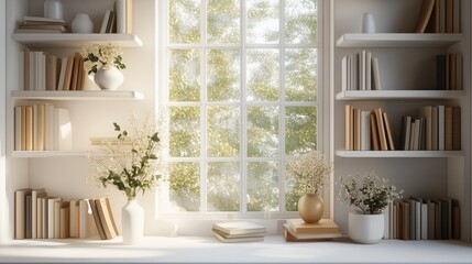 Minimalist Windowsill Decor with Books, Pampas Grass, White Vases, and Candle in a Beige Setting,Zoom Virtual Background. Virtual Meeting. Cozy Interior Backdrop, Stylish Living Room Design.