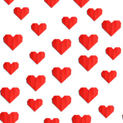 Red origami hearts seamless pattern on white background. Handmade paper decoration for love, romance, wedding, valentine, greeting cards, gift wrapping, textile, digital design, marketing, advertising