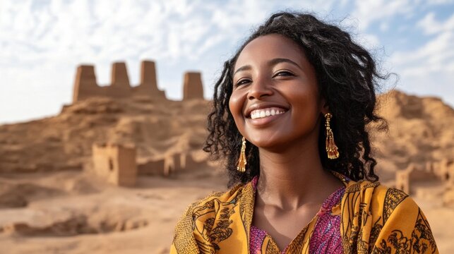 Smiling Woman in Traditional Dress Near Ancient Ruins