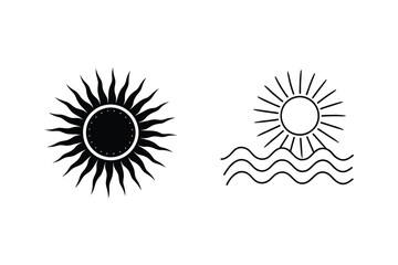 Sun Icons Summer, Beach, Vacation, Ocean, Simple, Line Art, Black, White, Design Elements, Symbols