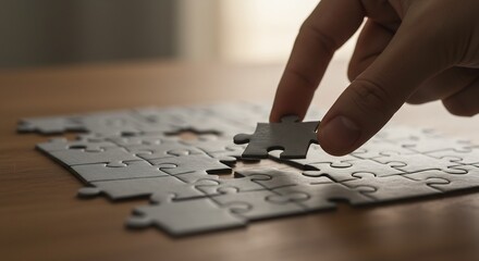 Close-up of a hand placing the final piece of a grey jigsaw puzzle on a wooden table, symbolizing problem-solving and completion.