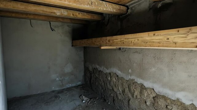 Construction of an unfinished basement space with wooden beams and raw walls in the early stages of renovation