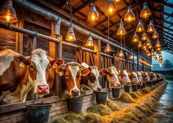 Fototapeta premium Dutch Gouda Cheese Farm: Low-Light Cow Feeding Scene
