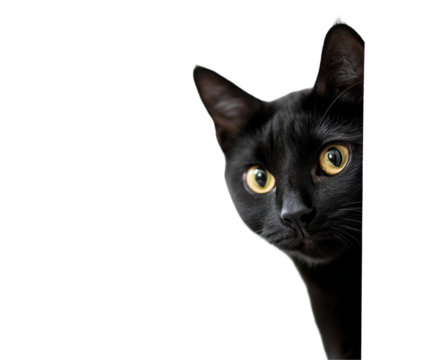 Black cat peeking around white corner, bright yellow eyes wide with intense curiosity. This feline is peeking with hidden intrigue, perfect for marketing needing surprise element. Cute pet peeking cap