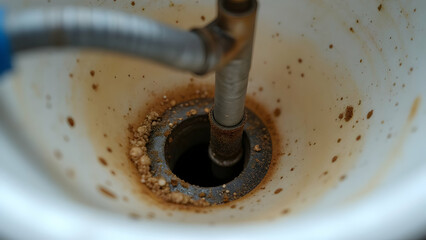 Old brown water drips from a rusty tap