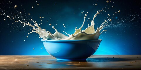 Dynamic Milk Splash in Blue Bowl - Freshness & Motion Stock Photo