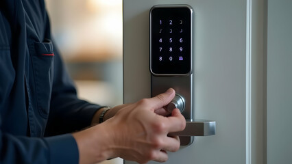 A hand employs digital access control to open a locked hotel door