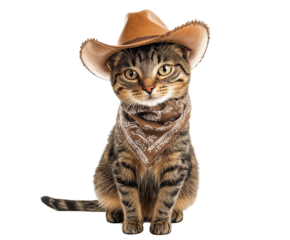 Adorable tabby cat dressed as cowboy with hat and bandana looks direct at camera amused. Cute pet enjoys playful costume moment for funny photos. Extremely cute character perfect for lighthearted proj