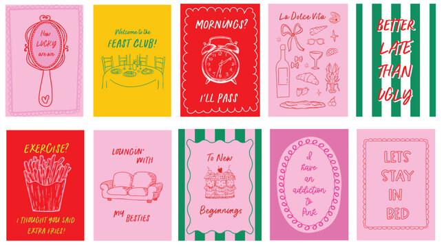 Abstract hand-drawn doodle posters. Fun modern sayings, featuring sleep, dining, food, and self-care themes. Hand-drawn doodles, pastel tones, and witty typography Art print for home decor. 