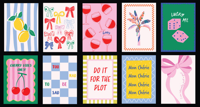 Vibrant hand-drawn dopamine art prints of fruit, drink, bows and quotes illustrations. Colorful funky posters for home, kitchen decor, postcard, banners, t-shirt design.