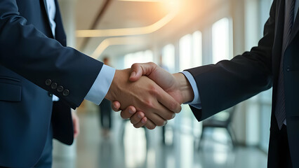 Businessmen in suits shake hands, sealing a corporate partnership agreement