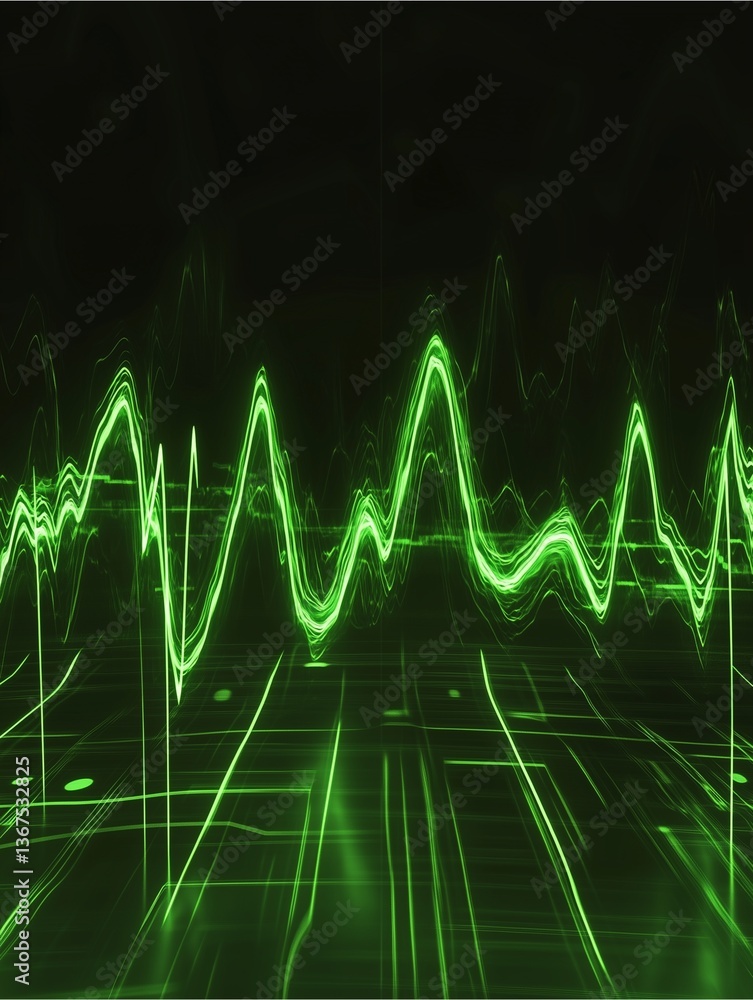 Poster dynamic signals in neon green: a vibrant and detailed depiction of pulsating digital waveforms again