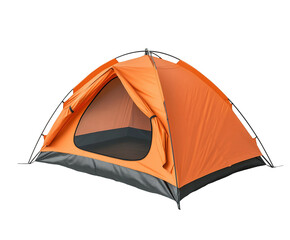 Orange dome camping tent ready for outdoor adventures, isolated on white background. Lightweight shelter tent perfect for hiking or recreational trips