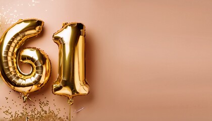 Banner with 61 number golden balloons with pastel background, copy space. Generated image