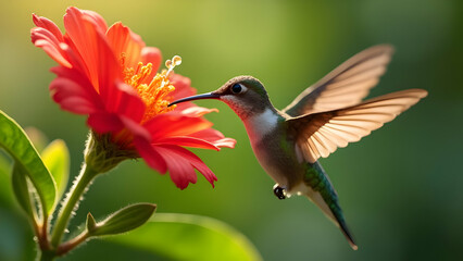 Fototapeta premium A small ruby-throated hummingbird hovers, its wings a blur, feeding on a vibrant flower amidst green nature