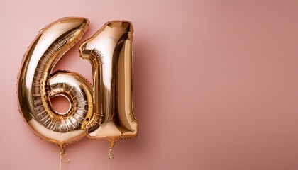 Banner with 61 number golden balloons with pastel background, copy space. Generated image