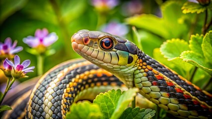 Obraz premium Eastern Garter Snake in Lush Green Vegetation - Close-Up Stock Photo