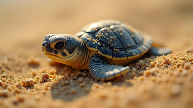 A slow, isolated turtle with a patterned shell walks on white rocks in its wild, natural habitat