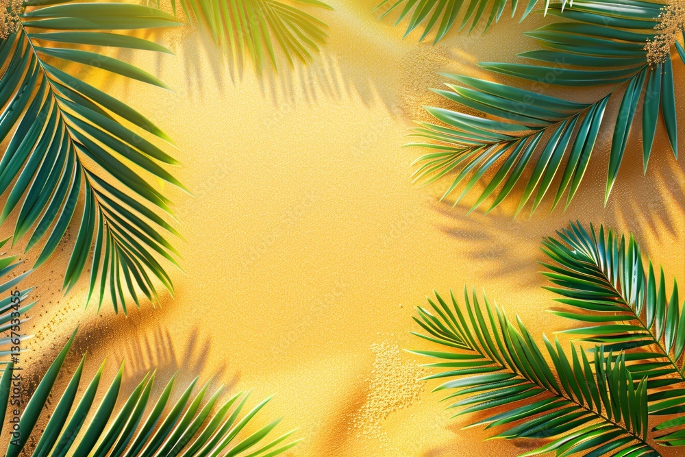 Aufkleber tropical golden sand background with palm leaves creating a summer frame for copy space