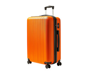 Bright orange travel suitcase isolated on clean white background, ready for next journey. Modern hard shell rolling suitcase features telescopic handle, four wheels for easy transport