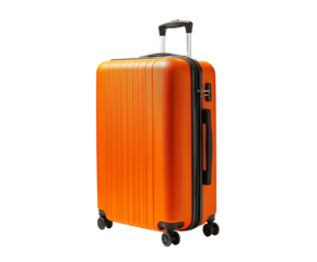 Bright orange travel suitcase isolated on clean white background, ready for next journey. Modern hard shell rolling suitcase features telescopic handle, four wheels for easy transport
