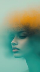 Retro style portrait of a beautiful black woman with red lipstick and large earrings, experimental dark aesthetic style dizzy effect, dramatic lighting, mirrorglass effect. Retro wave