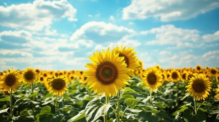 Fototapeta premium Vibrant sunflower field under a sunny sky, a picturesque landscape scene