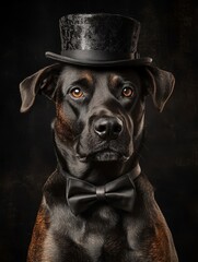 Black labrador dog portrait in top hat and The bow tie, serious look, angry. paint isolated black painted background