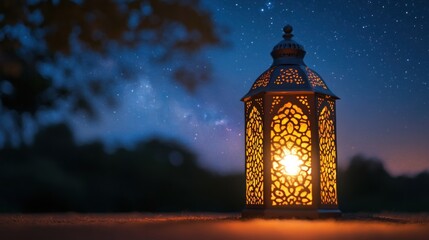 Fototapeta premium Intricate Ramadan lantern glows warmly against a majestic starlit night backdrop