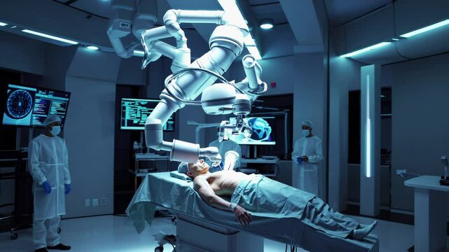 Futuristic robotic surgery performing operation on patient