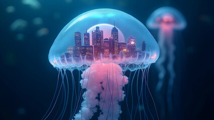Deep blue jellyfish glow abstractly, floating in the aquarium's dark water