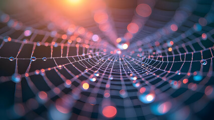 Fototapeta premium Dewdrop Web: Capturing the intricate beauty of a spider web, adorned with delicate dewdrops, glistening in the soft, ethereal light. A stunning display of nature's artistry. 