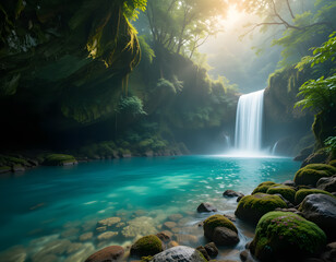 Lush tropical waterfall cascading into a crystal clear turquoise pool