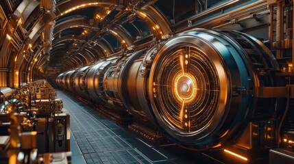 Obraz premium Futuristic cylindrical metallic structures in a tunnel with glowing elements