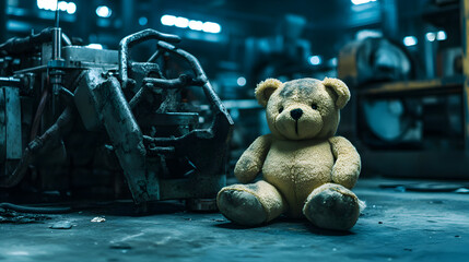 Worn teddy bear sits abandoned near machinery inside desolate industrial factory evoking loneliness