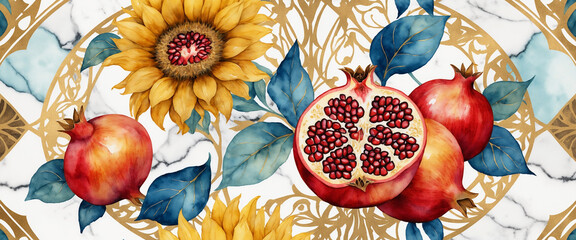 Watercolor Sunflower and Pomegranate Fruit Pattern with leaves