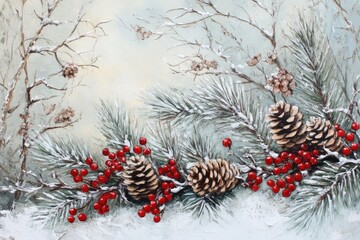 A winter scene with snow covered branches pine cones and red berries creating a festive christmas feeling