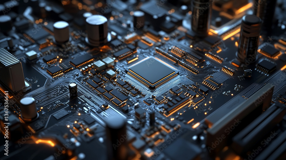 Poster macro shot of generic printed circuit board with chips and other components during production proces