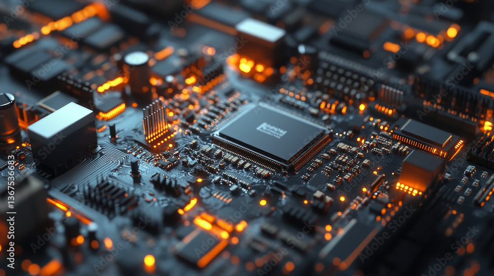 Poster macro shot of generic printed circuit board with chips and other components during production proces